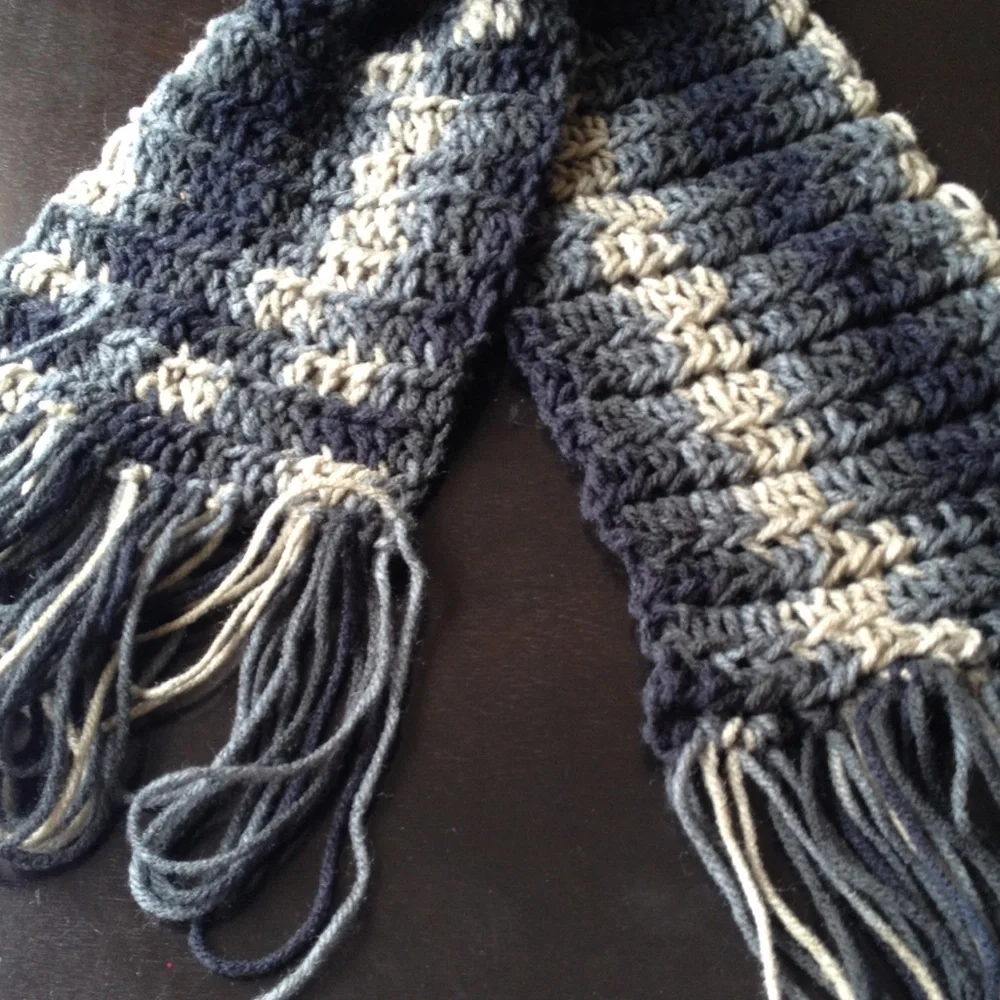 Hand Knit Blue Gray Cream Chunky Scarf Fringe Flower Detail